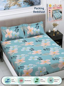 FABINALIV - Floral 300 TC Cotton Blend Double Bedsheet with 2 Pillow Covers - Blue (King)