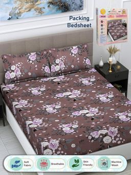FABINALIV - Brown Floral 300 TC Cotton Blend Double Bedsheet with 2 Pillow Covers (King)