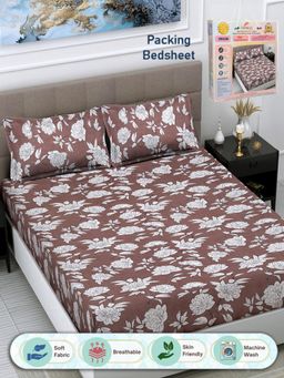 FABINALIV - Brown Floral 300 TC Cotton Blend Double Bedsheet with 2 Pillow Covers (King)