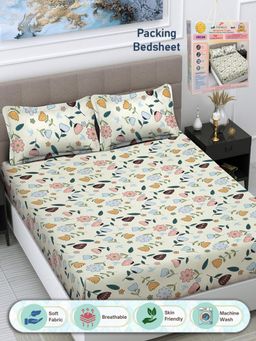 FABINALIV - Floral 300 TC Cotton Blend Double Bedsheet with 2 Pillow Covers - Multi-Color (King)