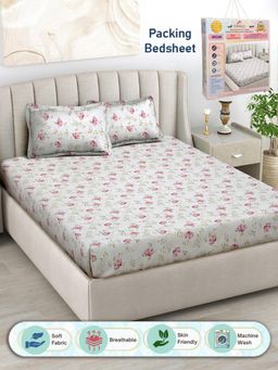 FABINALIV - White Floral 300 TC Cotton Blend Double Bedsheet with 2 Pillow Covers (King)