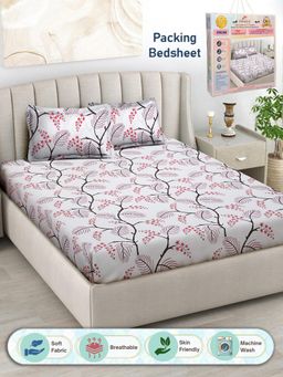 FABINALIV - White Floral 300 TC Cotton Blend Double Bedsheet with 2 Pillow Covers (King)