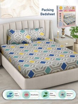 FABINALIV - Geometric 300 TC Cotton Blend Double Bedsheet with 2 Pillow Covers - Multi-Color (King)