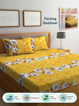 FABINALIV - Yellow Floral 300 TC Cotton Blend Double Bedsheet with 2 Pillow Covers (King)