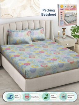 FABINALIV - Geometric 300 TC Cotton Blend Double Bedsheet with 2 Pillow Covers - Multi-Color (King)