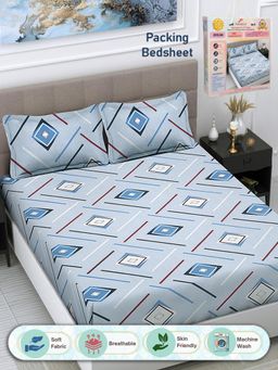 FABINALIV - Blue Geometric 300 TC Cotton Blend Double Bedsheet with 2 Pillow Covers (King)