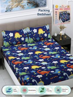 FABINALIV - Blue Cartoon Print 300 TC Cotton Blend Double Bedsheet with 2 Pillow Covers (King)