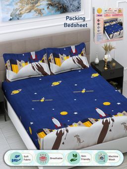 FABINALIV - Blue Cartoon Print 300 TC Cotton Blend Double Bedsheet with 2 Pillow Covers (King)