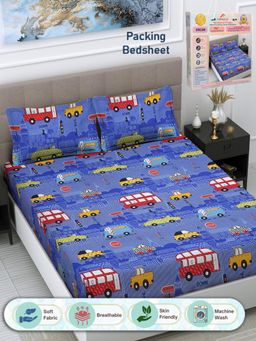 FABINALIV - Blue Cartoon Print 300 TC Cotton Blend Double Bedsheet with 2 Pillow Covers (King)