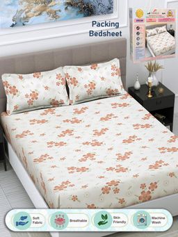 FABINALIV - White Floral 300 TC Cotton Blend Double Bedsheet with 2 Pillow Covers (King)