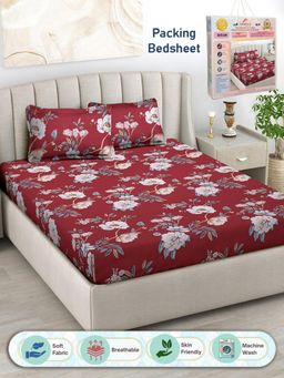 FABINALIV - Maroon Floral 300 TC Cotton Blend Double Bedsheet with 2 Pillow Covers (King)