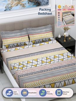 FABINALIV - Geometric 300 TC Cotton Blend Double Bedsheet with 2 Pillow Covers - Multi-Color (King)