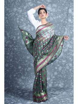 CHARUKRITI - Zari Weaving Green Jamdani Saree with Unstitched Blouse