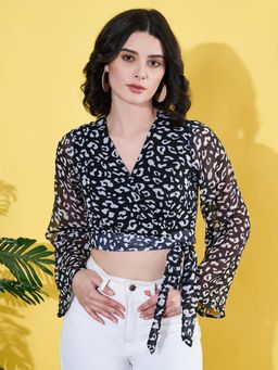 ANVI Be Yourself - Women Animal Printed Black V Neck Chiffon Waist Tie-Ups Crop Top