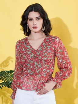 ANVI Be Yourself - Women'S Floral Printed Pink V Neck Casual Short Top