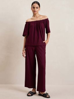Femmella - Wine Knitted Schiffli Off-Shoulder Top