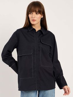 Femmella - Navy Stitch Detailing Poplin Shirt