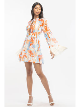 MANDIRA WIRK - Chiffon Printed Short Dress Ivory & Orange