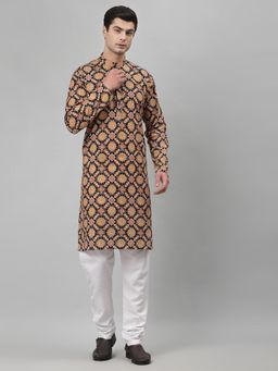 NEUDIS - Men Black and Yellow Cotton Floral Print Kurta