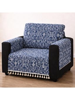 House of Quirk - BLUE IKATRA Printed Sofa Cover with Side Pocket Premium Bohemian One Seater