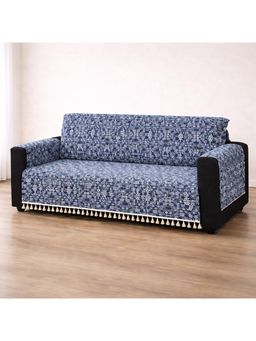 House of Quirk - BLUE IKATRA Printed Sofa Cover with Side Pocket Premium Bohemian Four Seater