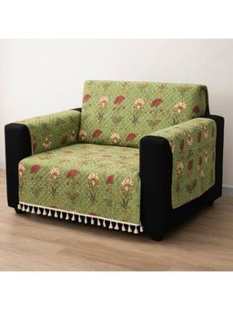 House of Quirk - GREEN IKATRA Printed Sofa Cover with Side Pocket Premium Lotus One Seater