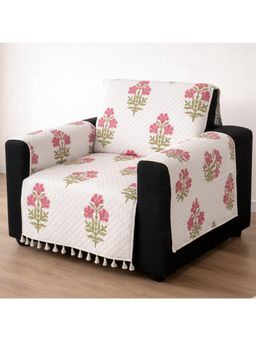 House of Quirk - CREAM IKATRA Printed Sofa Cover with Side Pocket Premium Ivory Phool One Seater