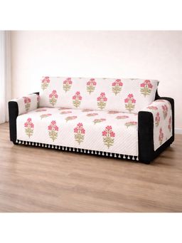 House of Quirk - CREAM IKATRA Printed Sofa Cover with Side Pocket Premium Ivory Phool Three Seater