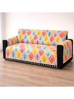 House of Quirk - Multicolour IKATRA Printed Sofa Cover with Side Pocket Premium Blossom Four Seater