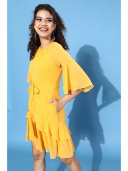 Miss Chase - Women's Mustard-Yellow Round Neck Ruffled Sleeve Solid Ruffled Knee Length Dress