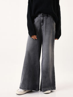 High Star - Women Black Washed Wide Leg High-Rise Straight Jeans