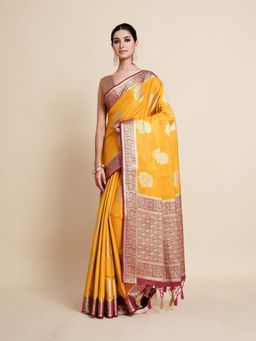 Mimosa - Women Traditional Vakrangi Kanjivaram Art Silk Mustard Saree with Unstitched Blouse