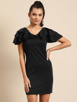 Dodo & Moa - Women Black Solid Sheath Dress with Flutter Sleeves