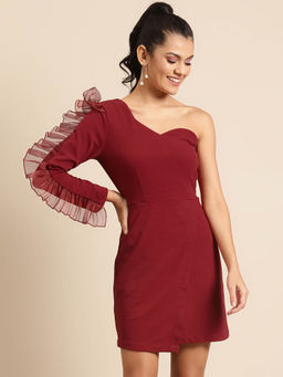 Dodo & Moa - Women Maroon One-Shoulder Solid Wrap Dress