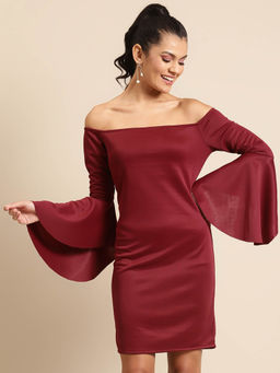 Dodo & Moa - Women Maroon Solid Off Shoulder Sheath Dress with Flared Sleeves