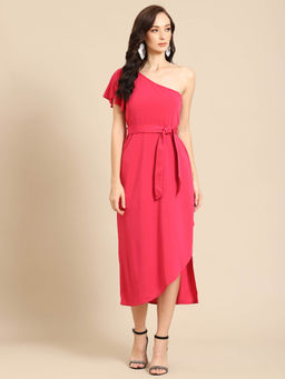 Dodo & Moa - Pink One Shoulder A-Line Midi Dress