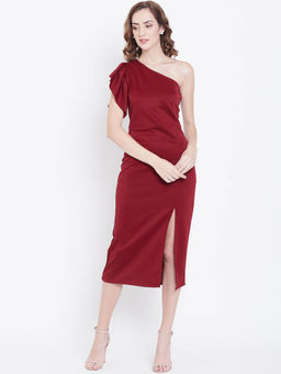 Dodo & Moa - Women Maroon Solid One-Shoulder Sheath Dress