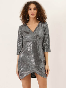 Dodo & Moa - Women Silver Sequinned Wrap Dress