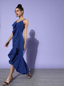 Dodo & Moa - Stunning Blue Solid Ruffled Dress