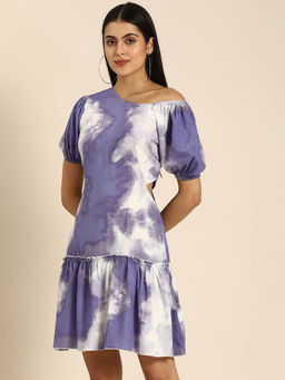 Dodo & Moa - Purple White Tie & Dye Dyed One Shoulder Drop-Waist Dress