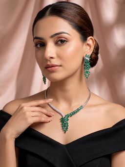 Niscka - Rhodium Plated Floral Green Ad Jewellery Set