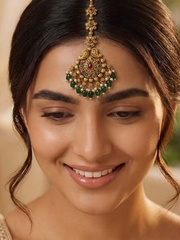 Niscka - 24K Gold Plated Ruby Stone Beads Maang Tikka with Pearl Drops