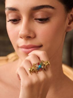 Niscka - Gold-Toned Navratna Stone Nandi Design Adjustable Fashion Ring