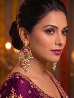 Niscka - Designer Bright Pink Paan Meena Kundan and Drop Pearls Chandbali Earrings