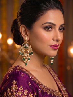 Niscka - Designer Emerald Green Paan Meena Kundan and Drop Pearls Chandbali Earrings
