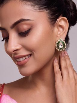 Niscka - Designer Waterdrop Style White Kundan Green Meena Stud Earrings