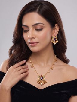 Niscka - Amethyst Purple Cz Stone with Ghungroo and Pearl Chain Jewellery Set