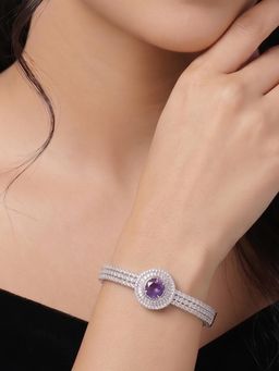 Niscka - Silver-Plated Zircon Bangle Bracelet with Central Purple Stone