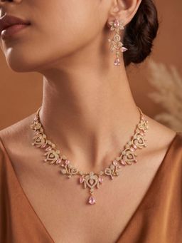 Niscka - Gold Plated Floral Design Pink Cz Jewellery Set