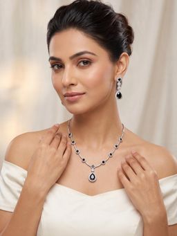Niscka - Silver Plated Water Drop Design Black American Diamond Zircon Jewellery Set